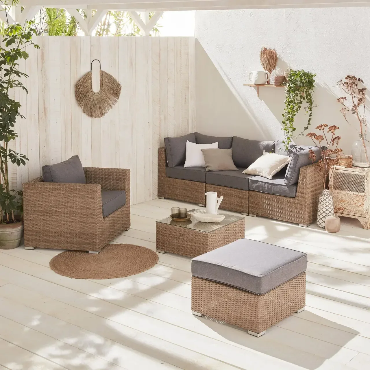 Set giardino 5 posti rattan sintetico rotondo design Vinci cuscini spessi