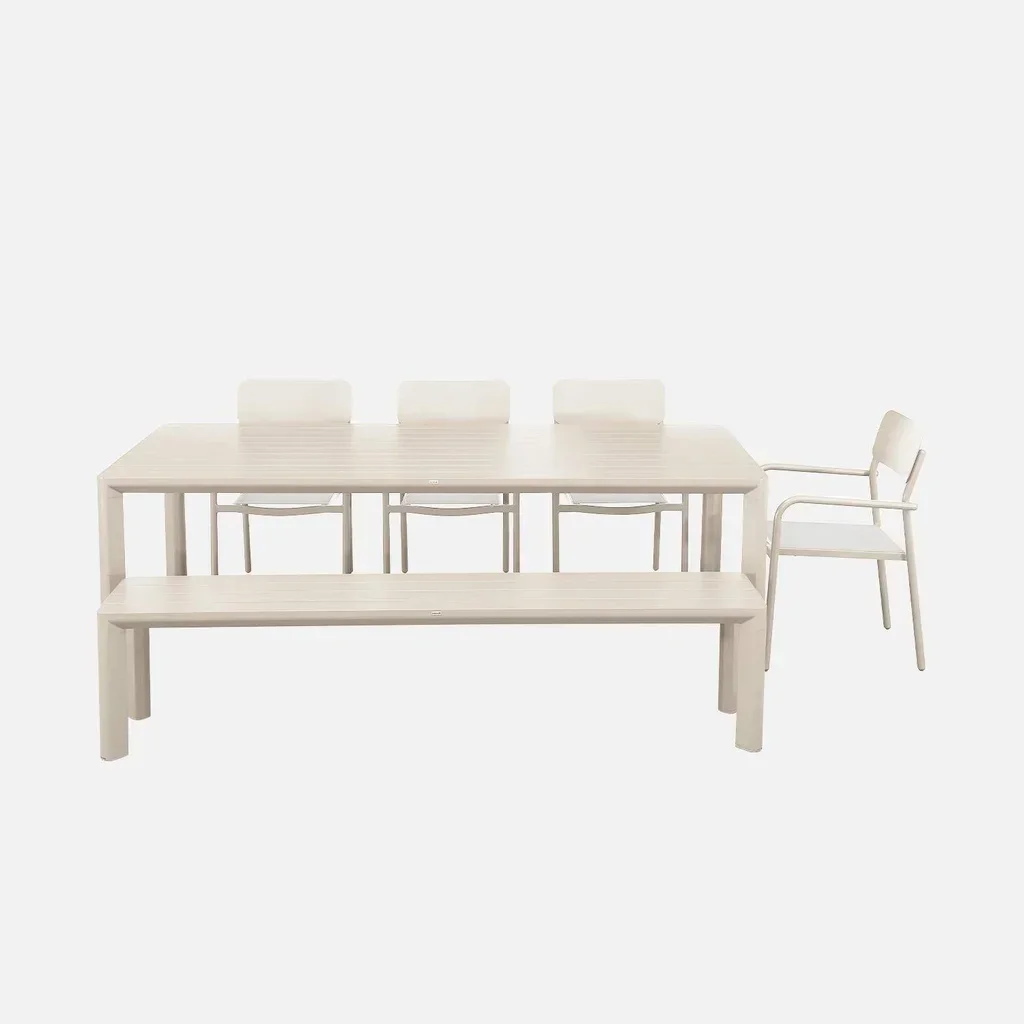Salon de jardin aluminium 4 places : table, chaises et banc design