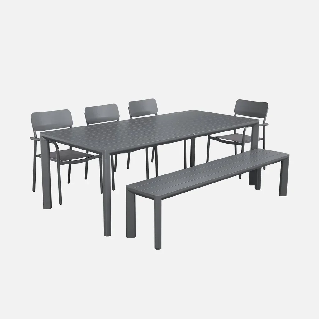 Salon de jardin aluminium 4 places table chaises banc extérieur design