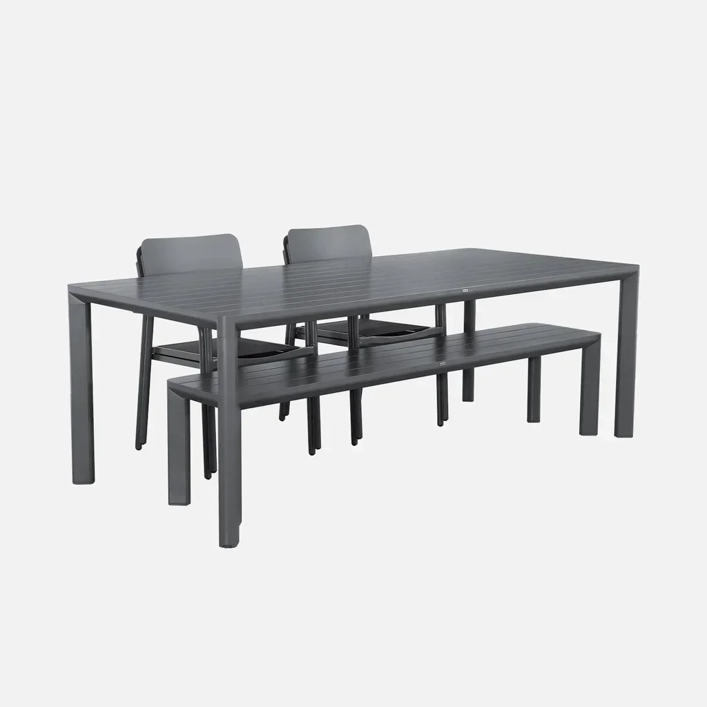 Salon de jardin aluminium 4 places table chaises banc extérieur design