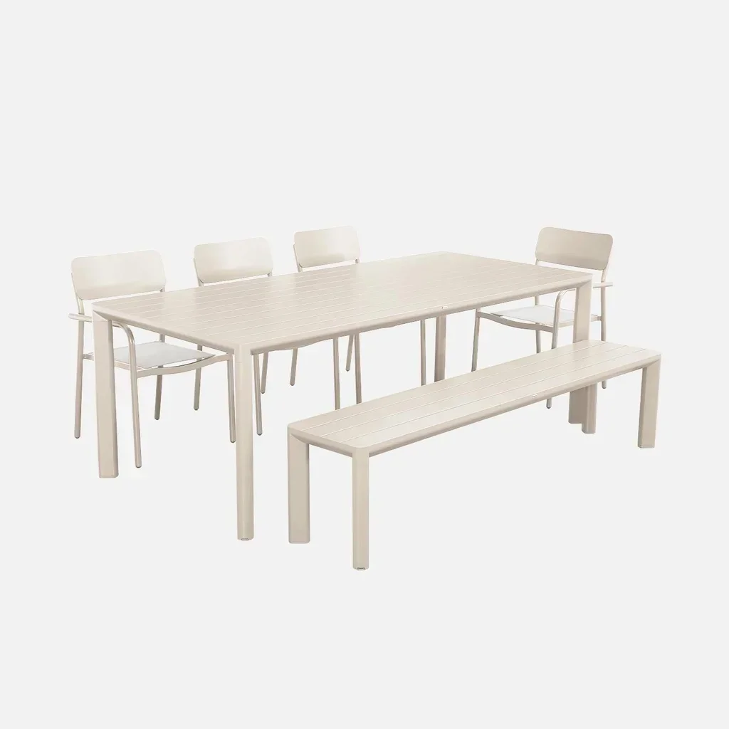 Salon de jardin aluminium 4 places : table, chaises et banc design