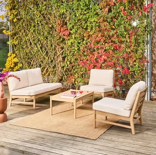 Conjunto de jardim em madeira de acácia 4 lugares certificado FSC com almofadas removíveis e mesa de centro