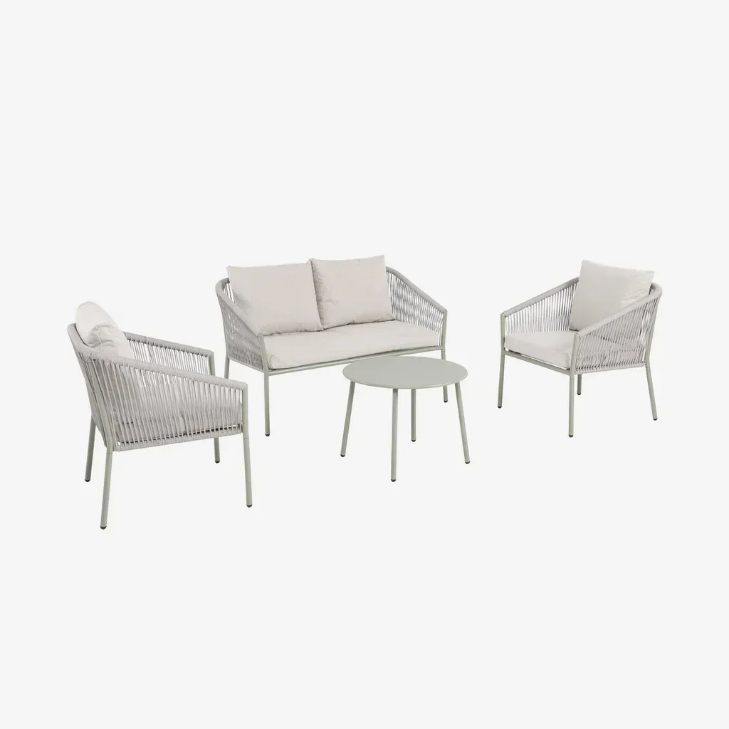 Salon jardin 4 places acier cordage beige kaki design contemporain