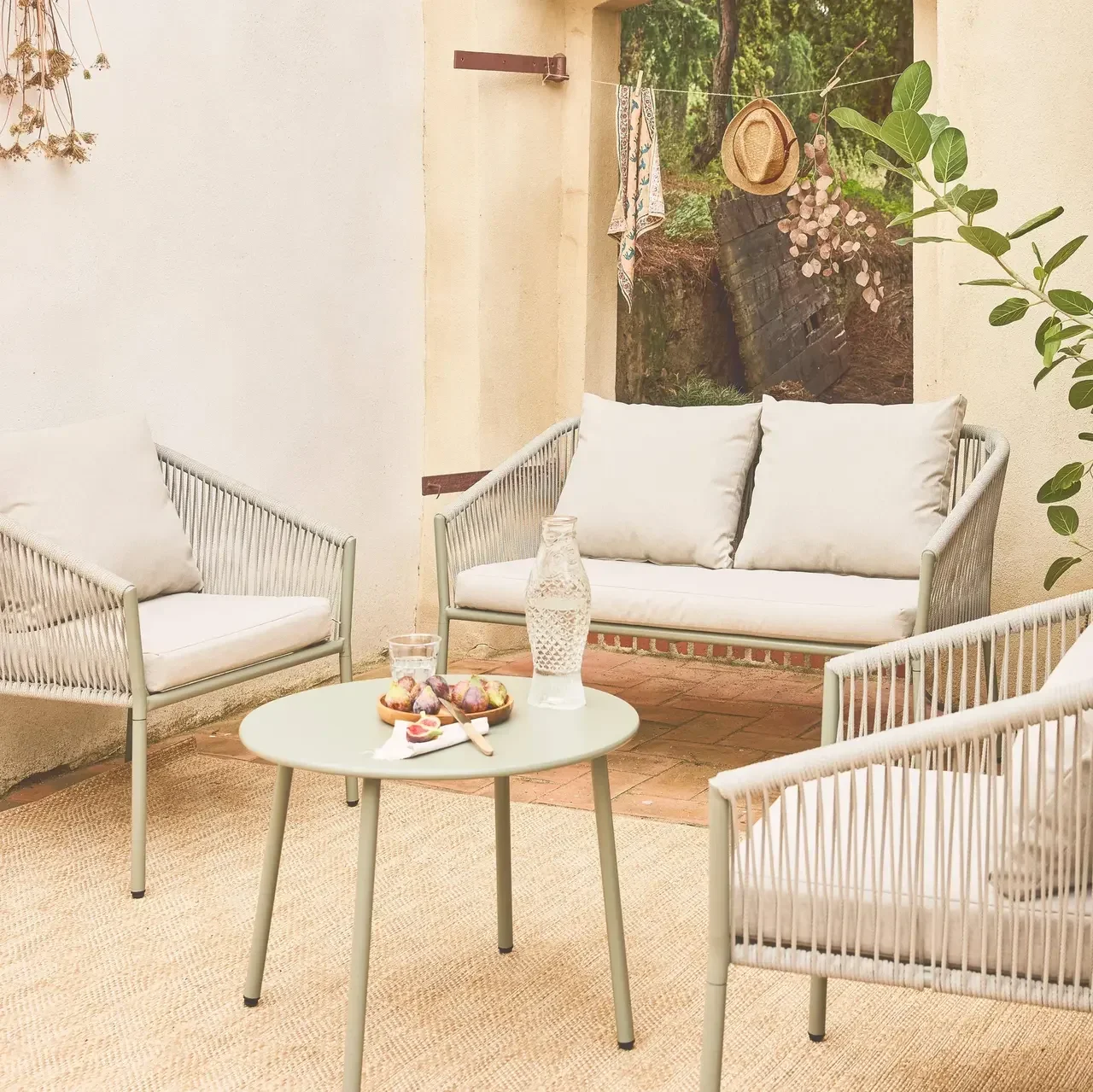 Salon jardin 4 places acier cordage beige kaki design contemporain