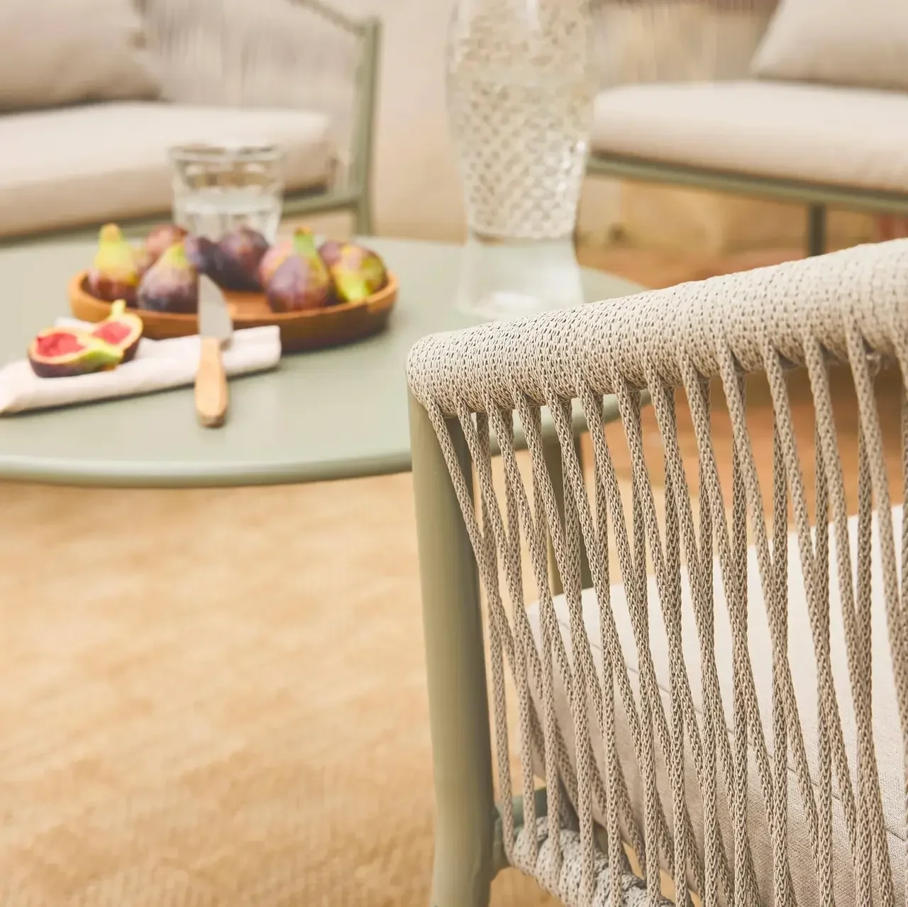 Salon jardin 4 places acier cordage beige kaki design contemporain