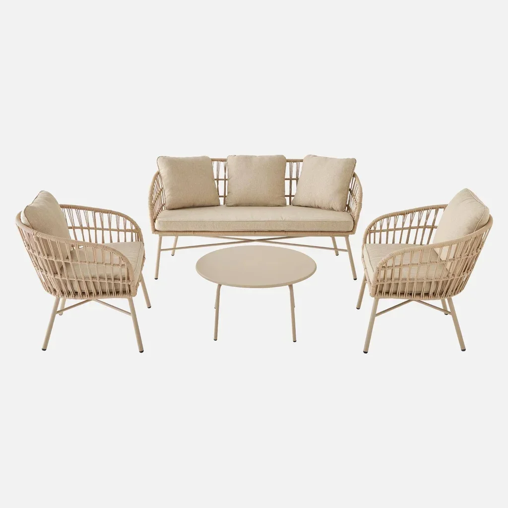 Set de jardín 4 plazas acero y cuerda con mesa de zinc