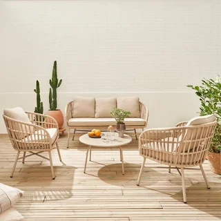 Set de jardín 4 plazas acero y cuerda con mesa de zinc
