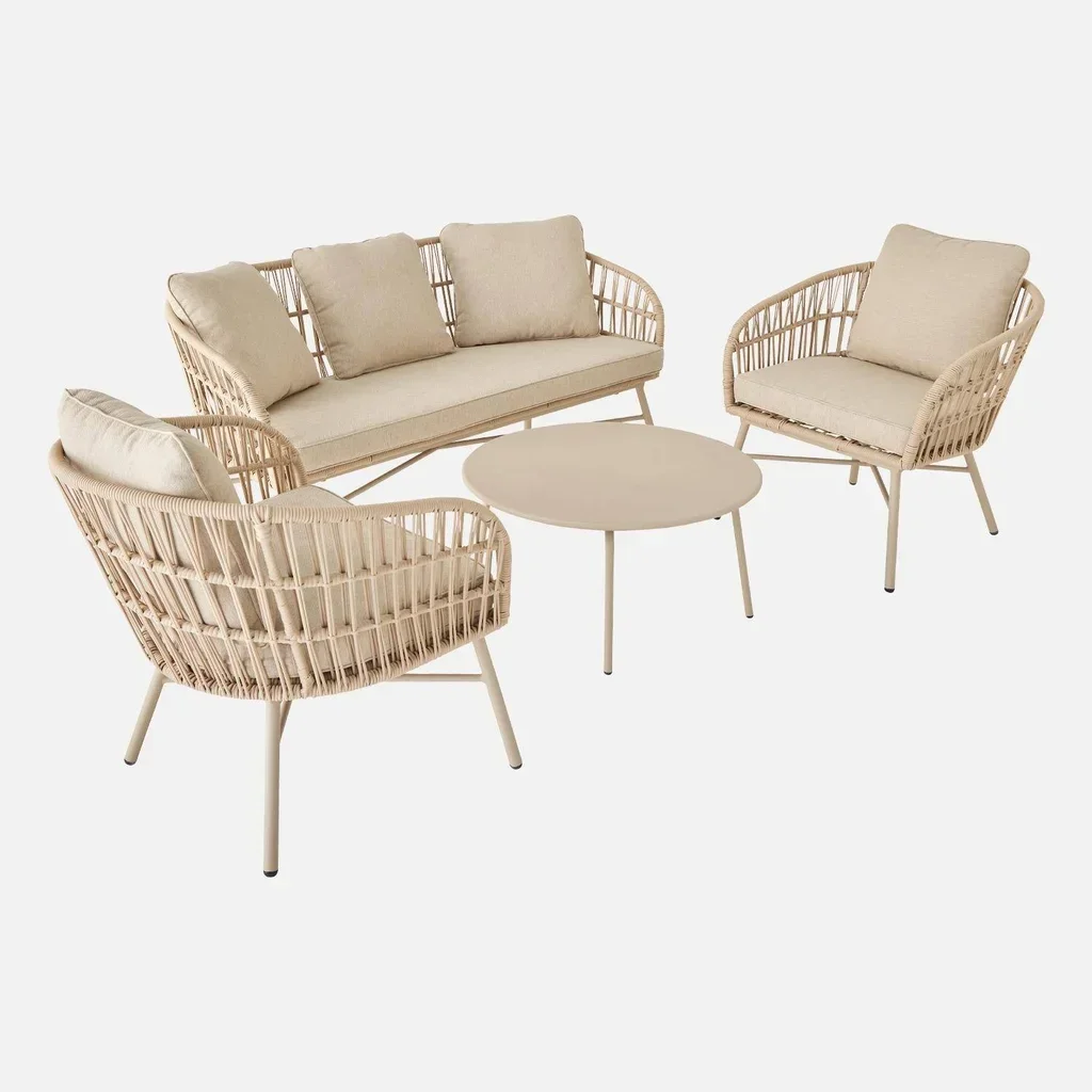 Set de jardín 4 plazas acero y cuerda con mesa de zinc