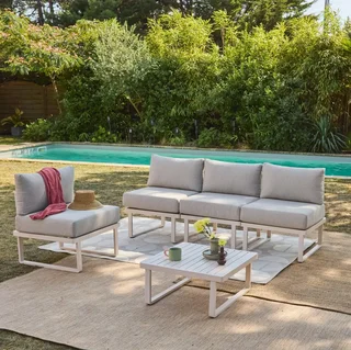 Salon de jardin 4 places aluminium modulable Clea avec coussins oléfine