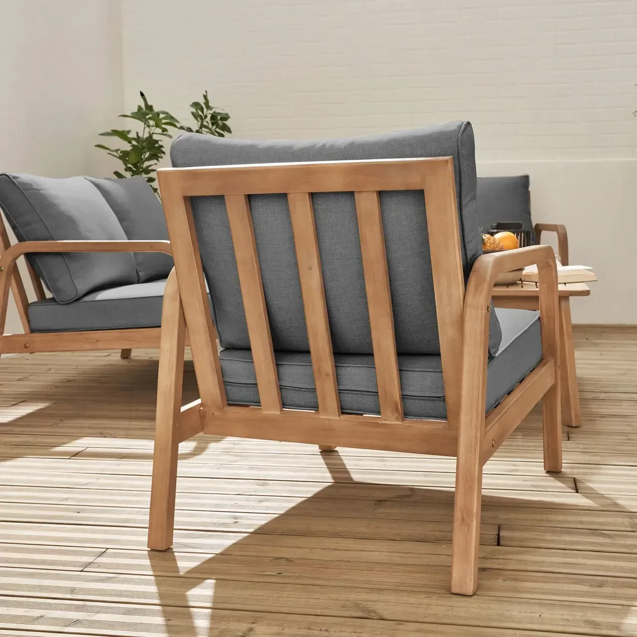 Salon jardin bois acacia 4 places Carnota avec coussins moelleux déhoussables