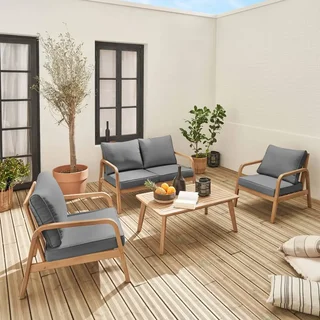 Salon jardin bois acacia 4 places Carnota avec coussins moelleux déhoussables
