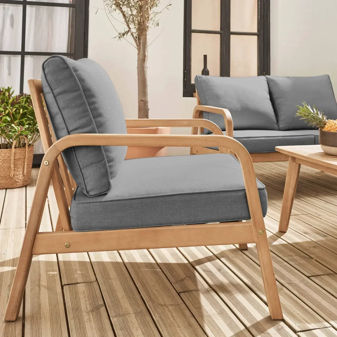 Salon jardin bois acacia 4 places Carnota avec coussins moelleux déhoussables