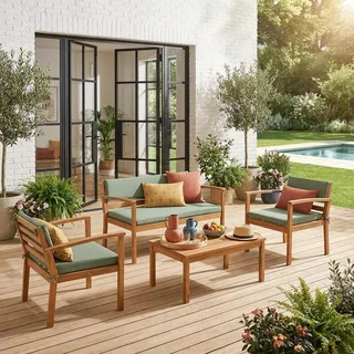 Salon de jardin 4 places bois d'acacia FSC Komoda avec coussins épais