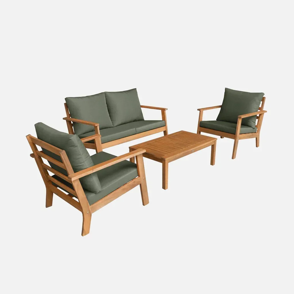 Conjunto jardim 4 lugares madeira acácia FSC com almofadas desenfundáveis