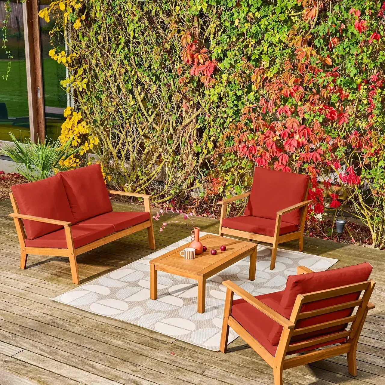Conjunto jardim madeira acácia FSC 4 lugares Owana - Sofá cadeiras mesa