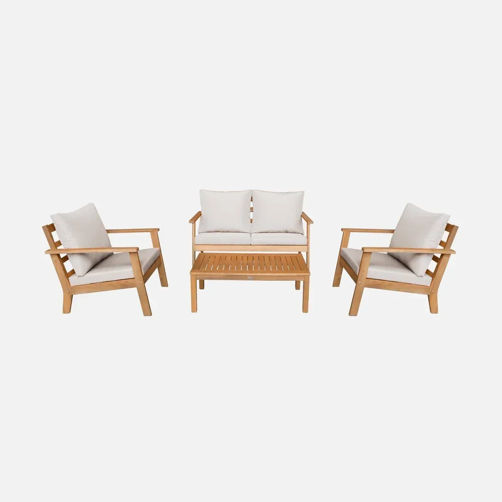 Conjunto jardim 4 lugares madeira acácia FSC com almofadas desenfundáveis