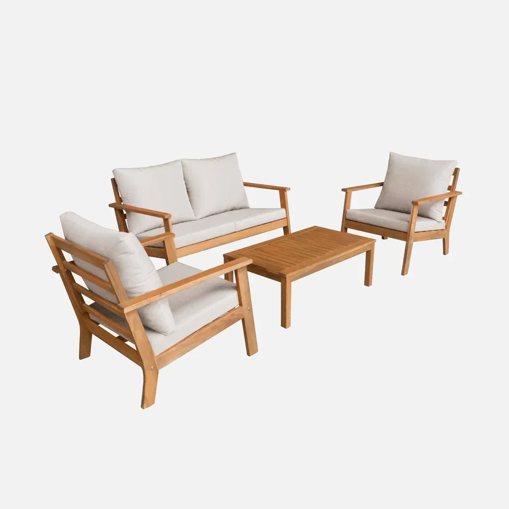Conjunto jardim 4 lugares madeira acácia FSC com almofadas desenfundáveis