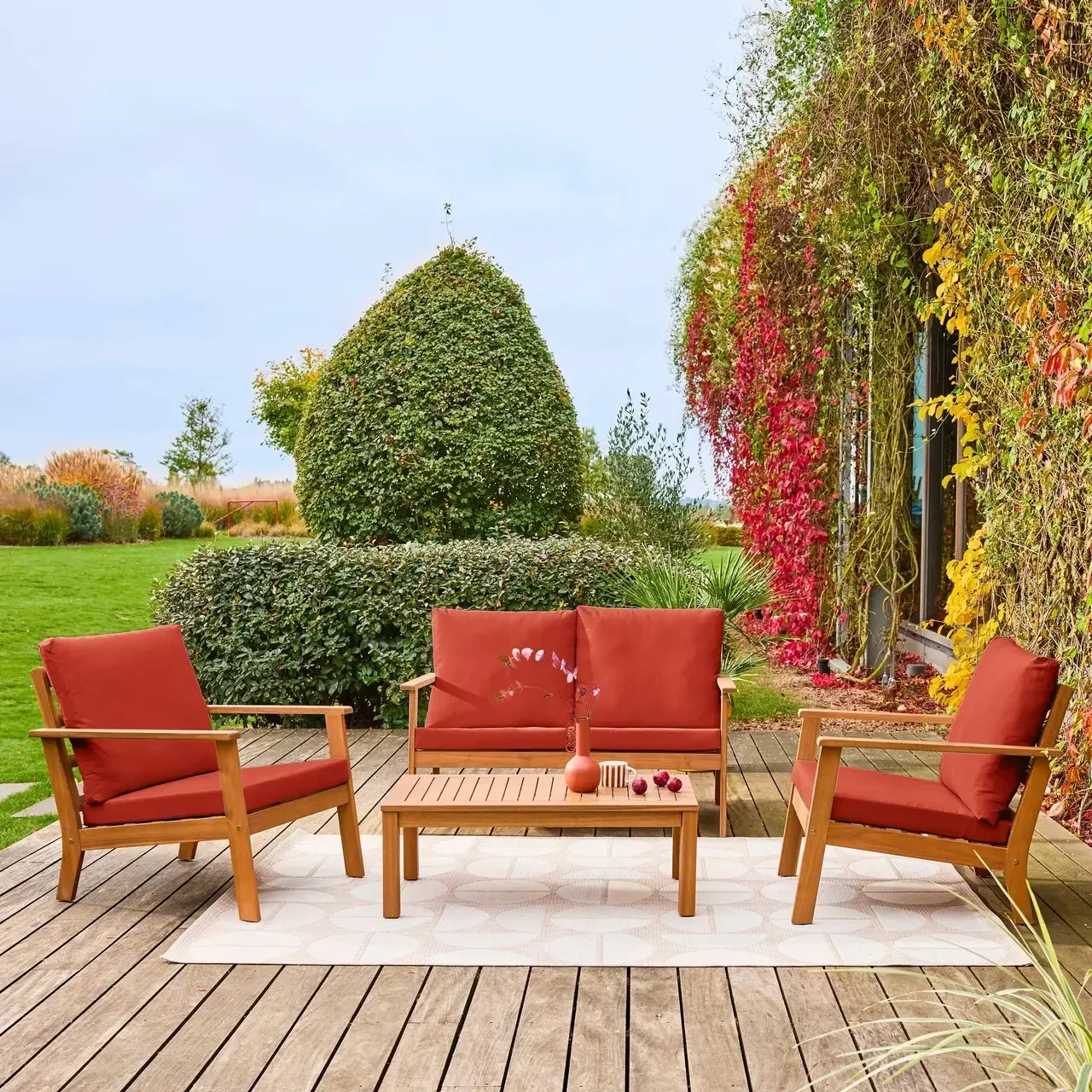 Conjunto jardim madeira acácia FSC 4 lugares Owana - Sofá cadeiras mesa