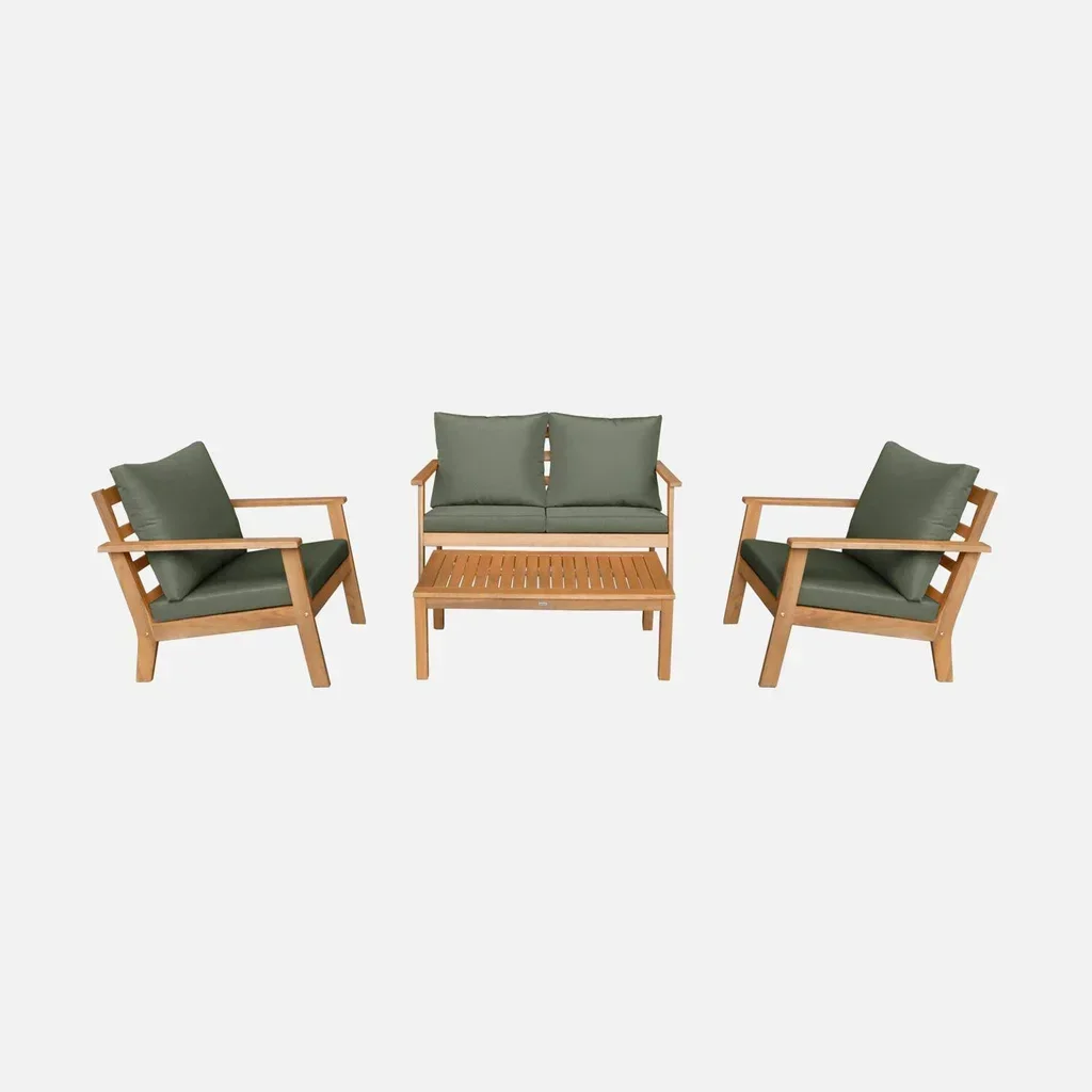 Conjunto jardim 4 lugares madeira acácia FSC com almofadas desenfundáveis