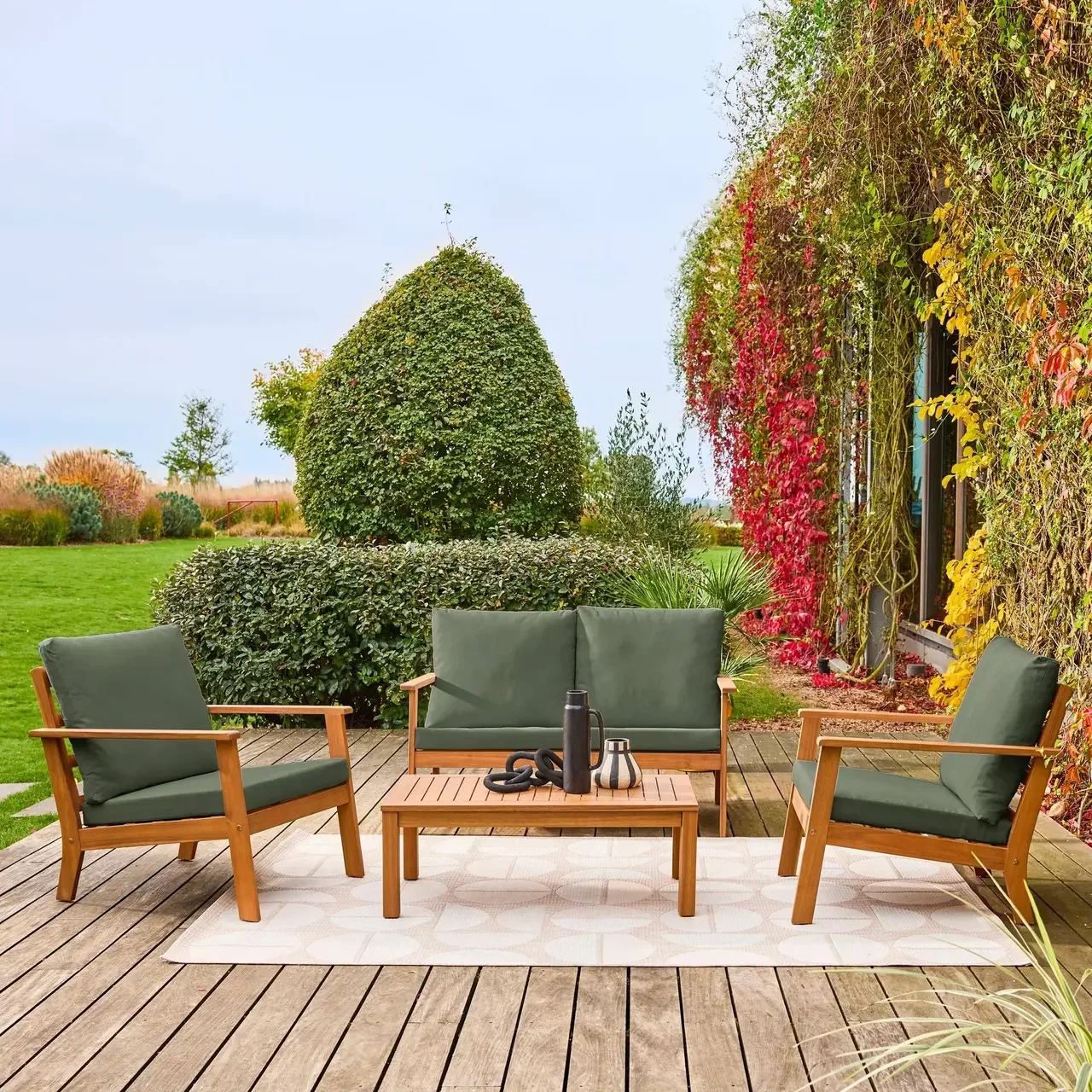 Conjunto jardim 4 lugares madeira acácia FSC com almofadas desenfundáveis
