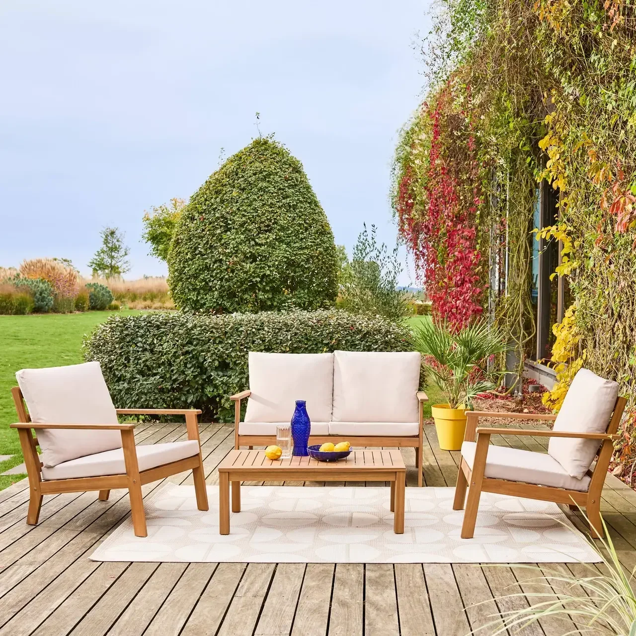 Conjunto jardim 4 lugares madeira acácia FSC com almofadas desenfundáveis