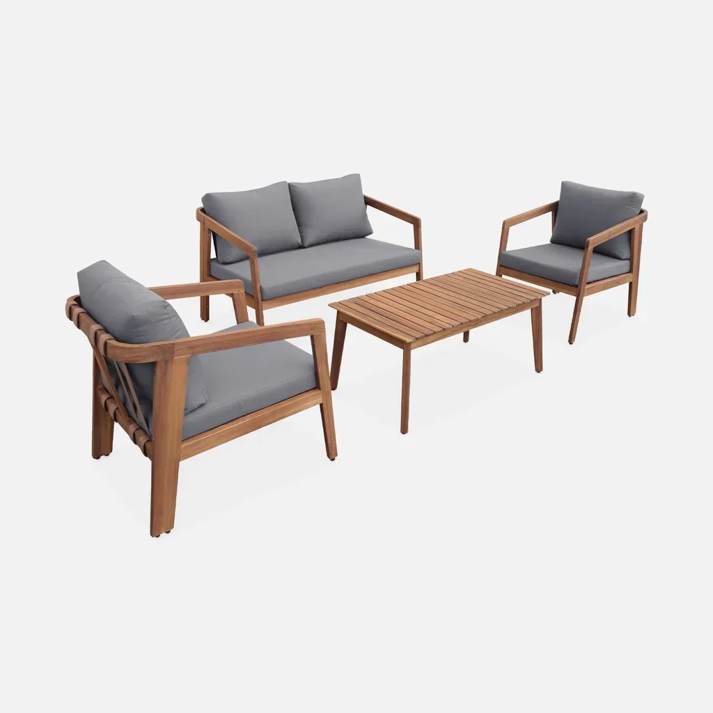 Conjunto jardín 4 plazas madera acacia FSC con cojines repelentes al agua