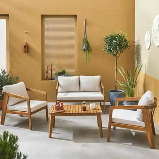 Conjunto jardín 4 plazas madera acacia FSC con cojines repelentes al agua