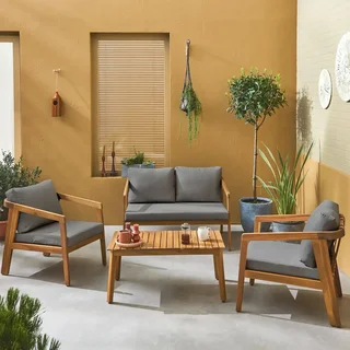 Conjunto jardín 4 plazas madera acacia FSC con cojines repelentes al agua