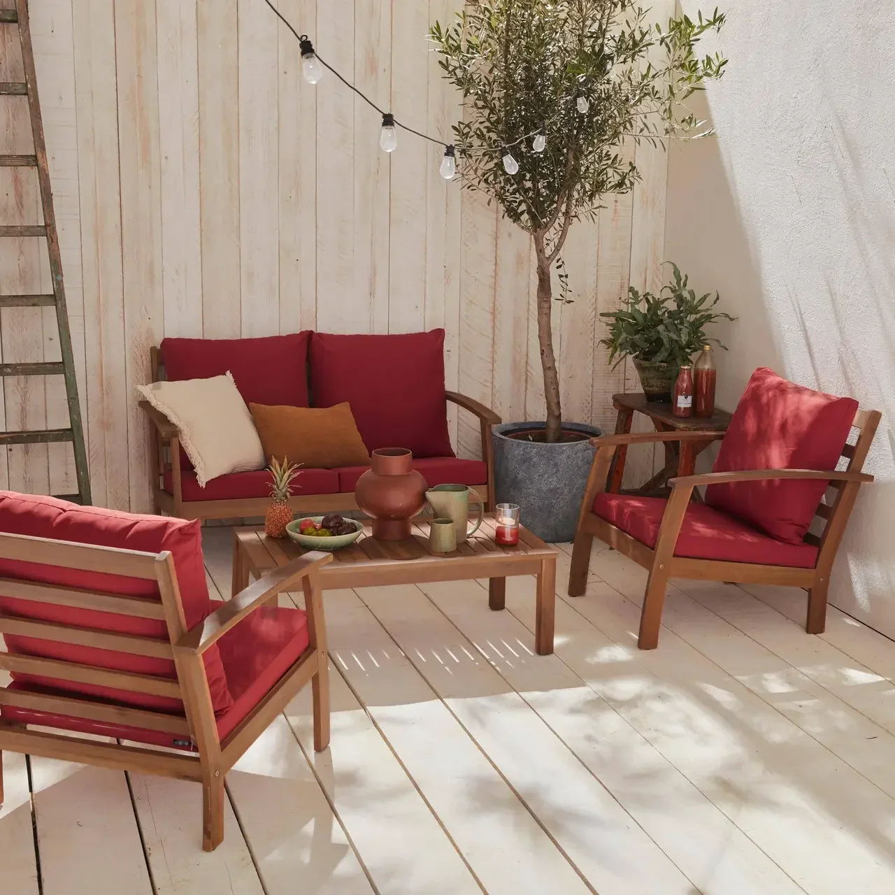 Salon de jardin 4 places acacia FSC avec coussins bleus - Ushuaia