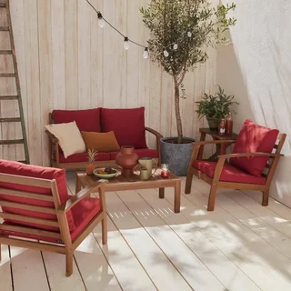 Salon de jardin 4 places acacia FSC avec coussins bleus - Ushuaia