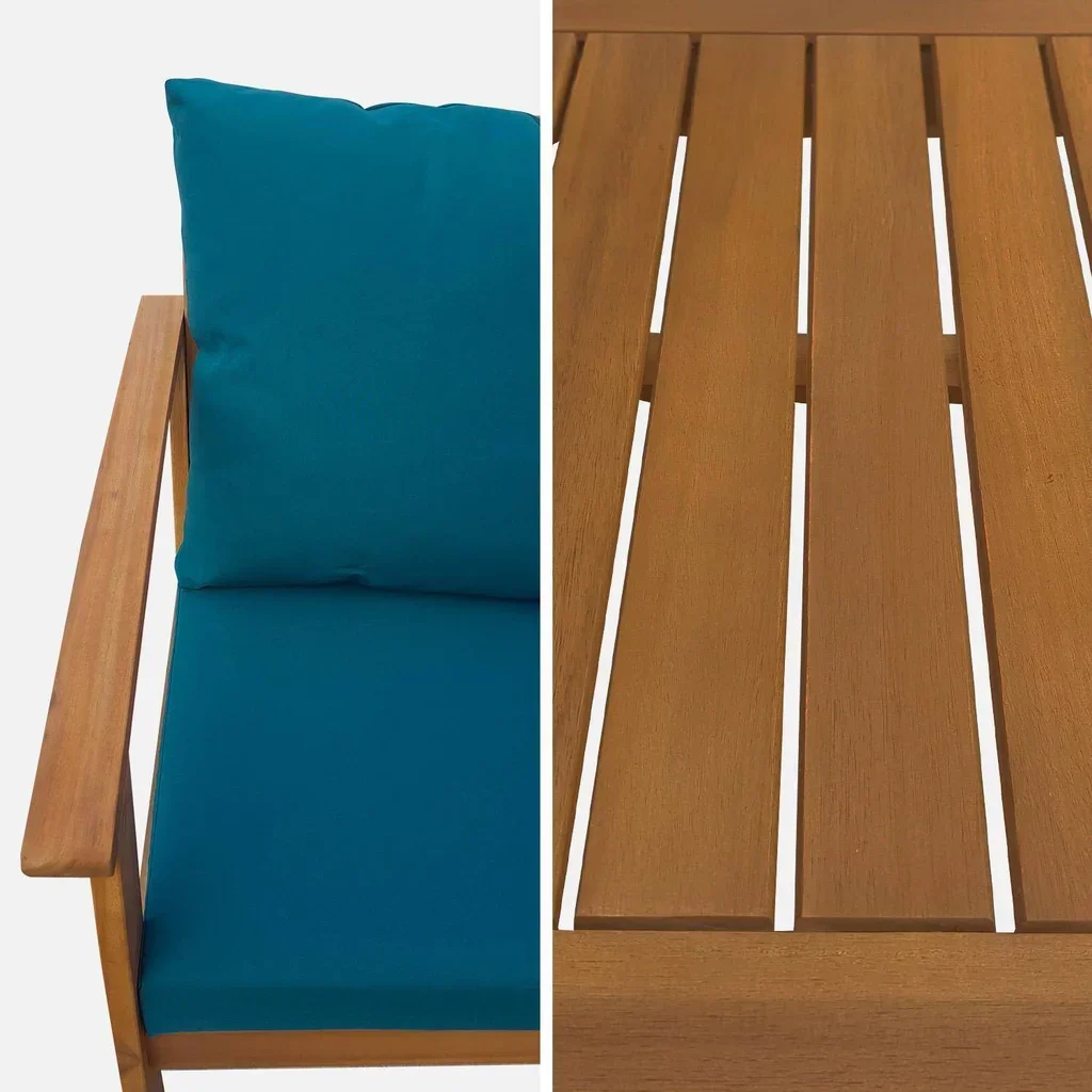 Salon de jardin 4 places bois acacia FSC coussins bleu canard