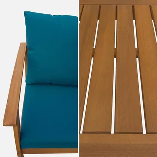 Salon de jardin 4 places bois acacia FSC coussins bleu canard