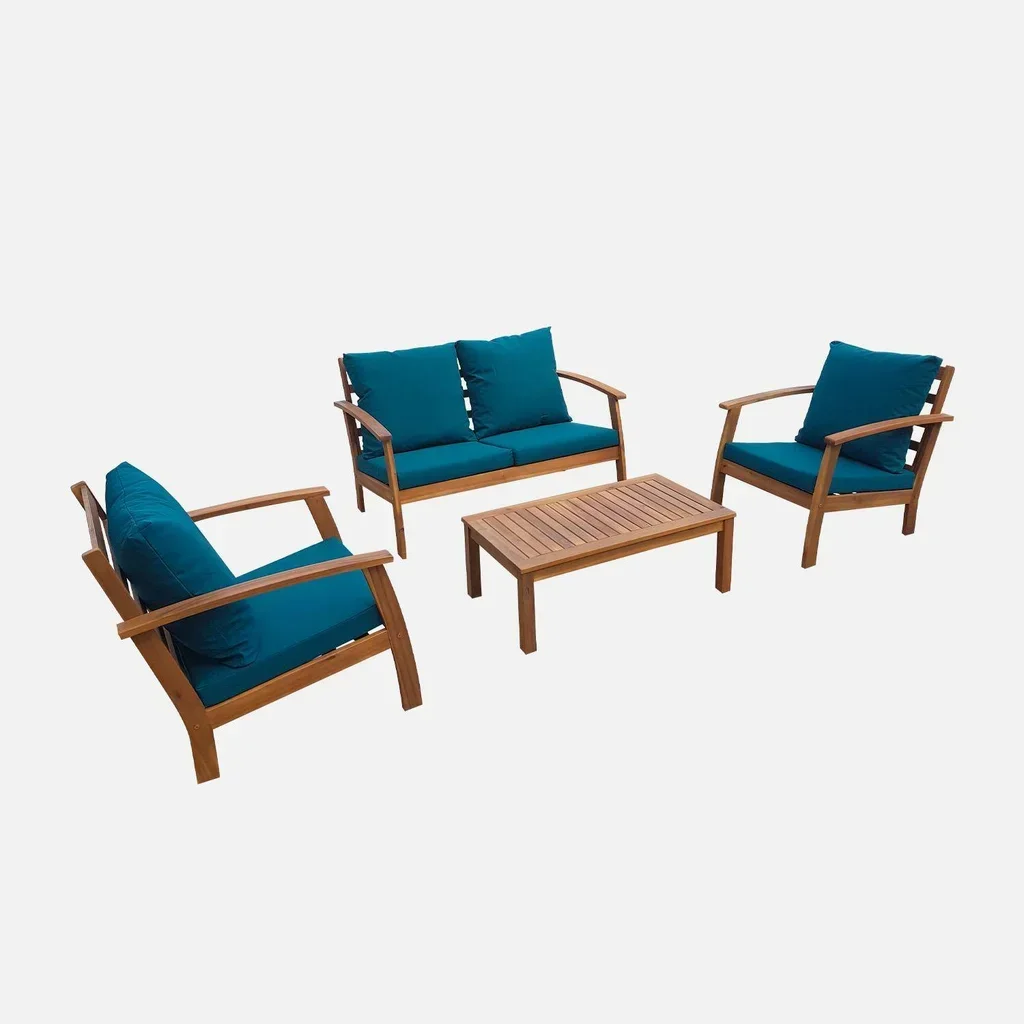 Salon de jardin 4 places bois acacia FSC coussins bleu canard