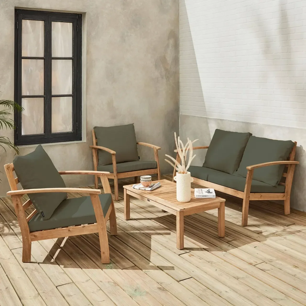 Salon de jardin 4 places acacia FSC avec coussins bleus - Ushuaia