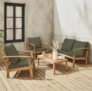 Salon de jardin 4 places acacia FSC avec coussins bleus - Ushuaia