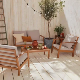 Salon de jardin 4 places acacia FSC avec coussins bleus - Ushuaia
