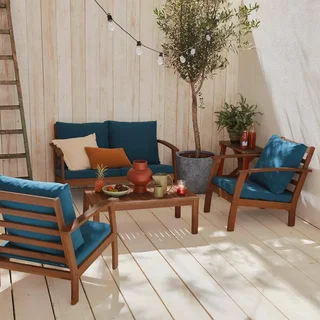 Salon de jardin 4 places bois acacia FSC coussins bleu canard