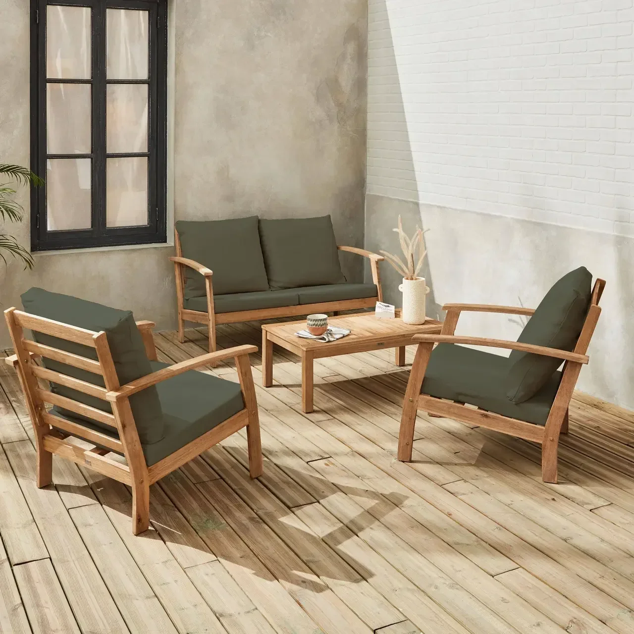 Salon de jardin 4 places acacia FSC avec coussins bleus - Ushuaia