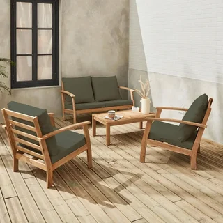Salon de jardin 4 places acacia FSC avec coussins bleus - Ushuaia