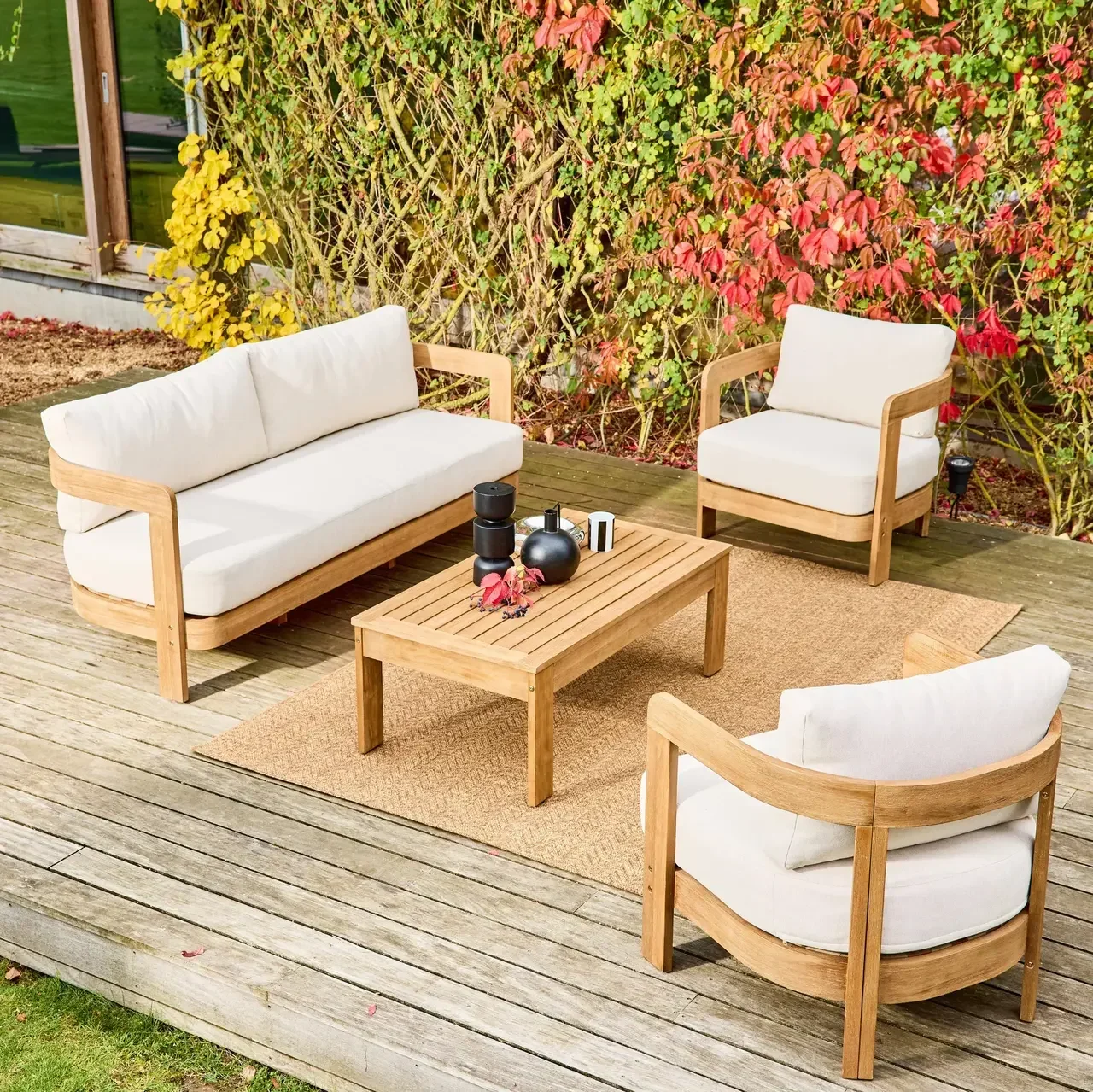 Salon de jardin 4 places bois acacia FSC Miyana avec coussins oléfine