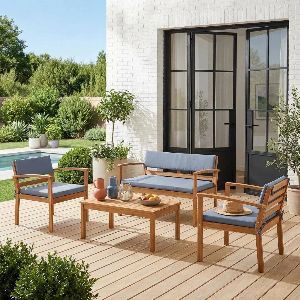 Salon de jardin 4 places bois acacia FSC avec coussins - Komoda