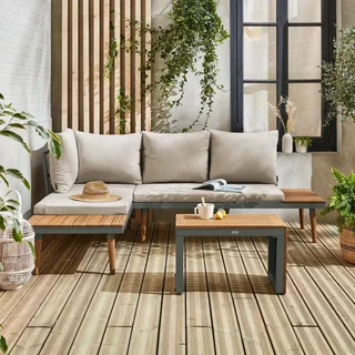 Set Giardino Modulare 4 Posti Design Scandinavo Alluminio Acacia