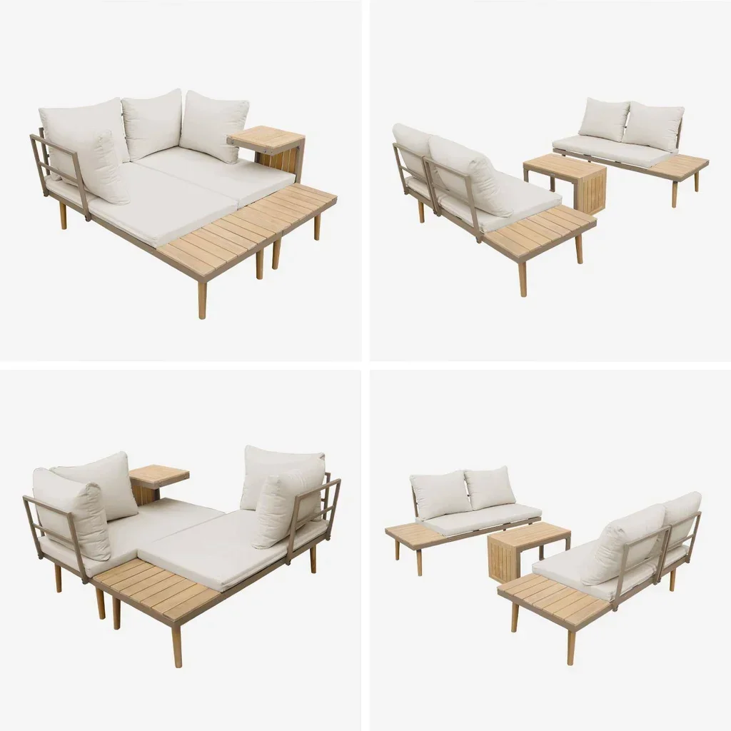 Set da Giardino 4 Posti Alluminio e Acacia Modulare Stile Scandinavo Arredo Esterno