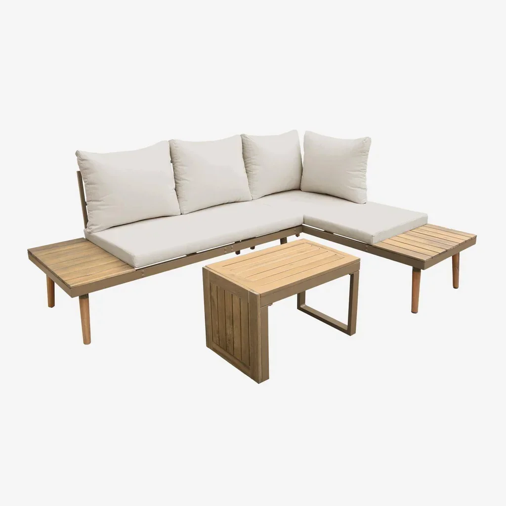 Set da Giardino 4 Posti Alluminio e Acacia Modulare Stile Scandinavo Arredo Esterno