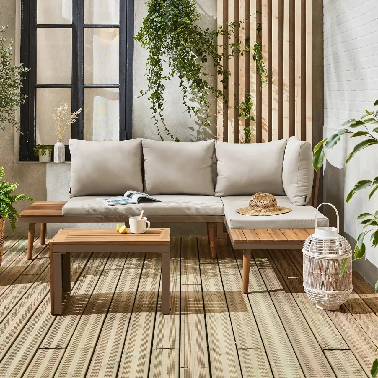 Set da Giardino 4 Posti Alluminio e Acacia Modulare Stile Scandinavo Arredo Esterno