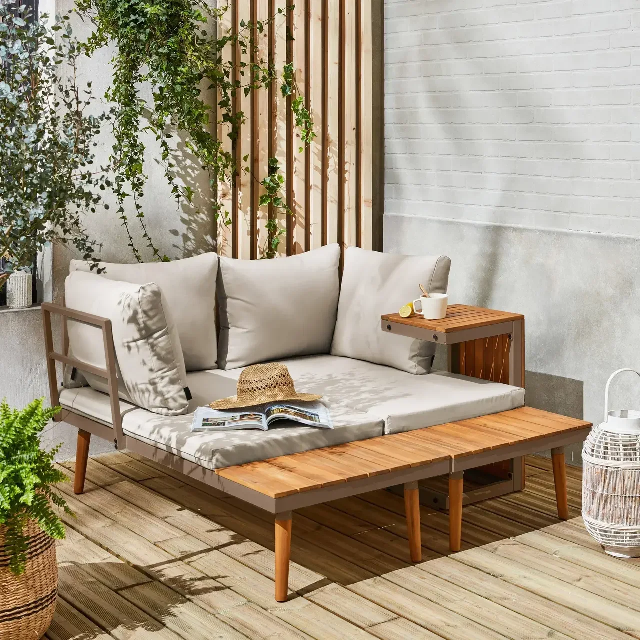 Set da Giardino 4 Posti Alluminio e Acacia Modulare Stile Scandinavo Arredo Esterno