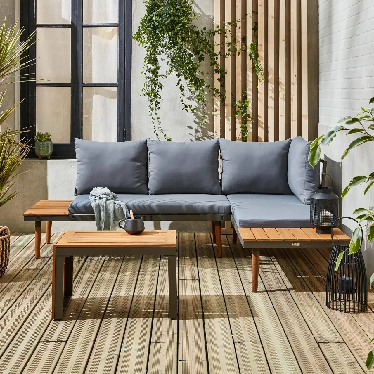 Conjunto Jardim Modular 4 Lugares Alumínio Madeira Acácia Design Escandinavo Móveis Exterior Terraço