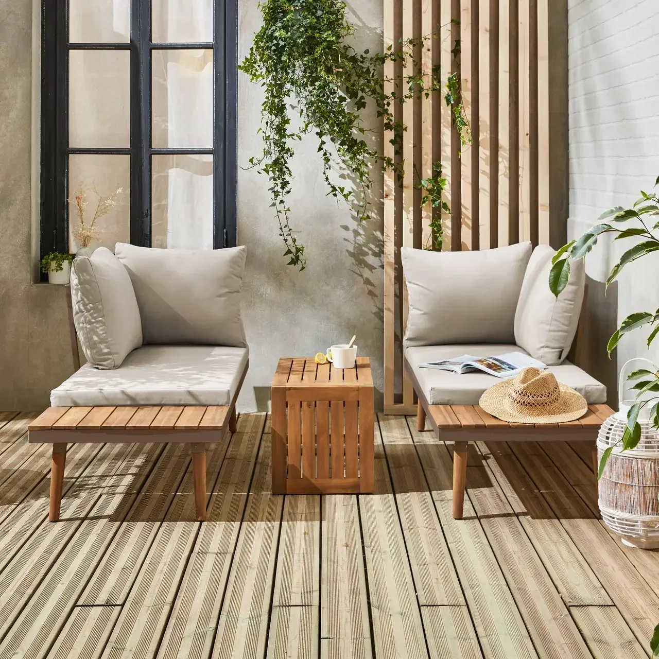 Set da Giardino 4 Posti Alluminio e Acacia Modulare Stile Scandinavo Arredo Esterno