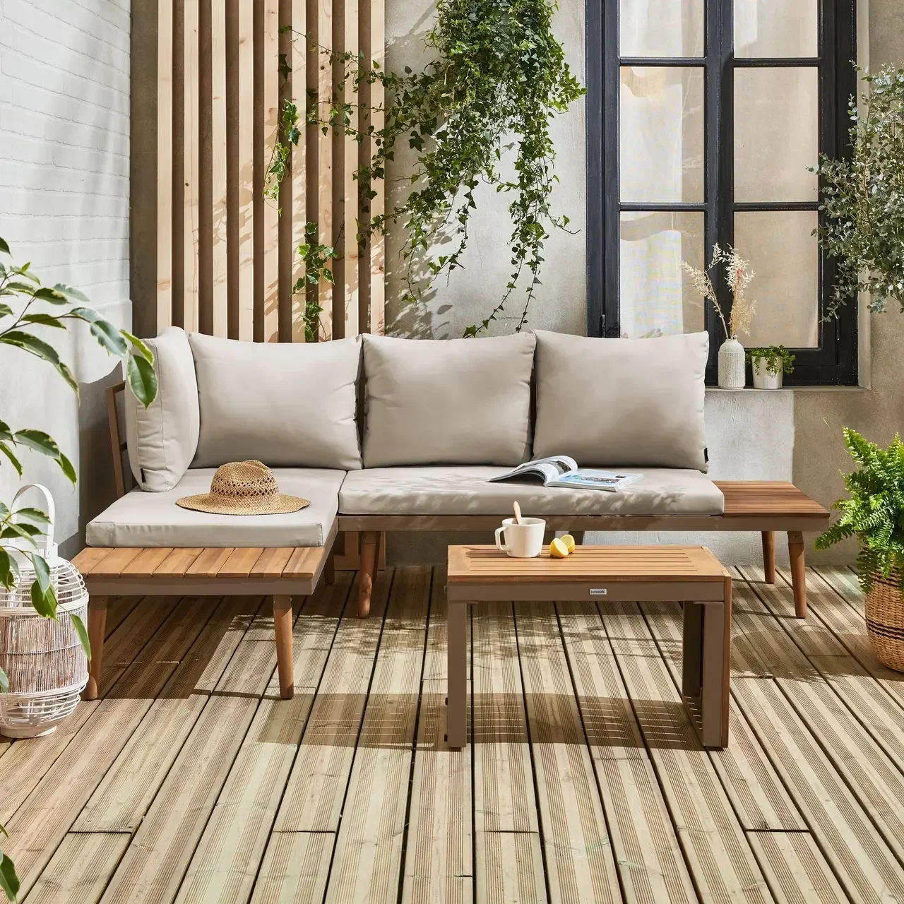 Set da Giardino 4 Posti Alluminio e Acacia Modulare Stile Scandinavo Arredo Esterno