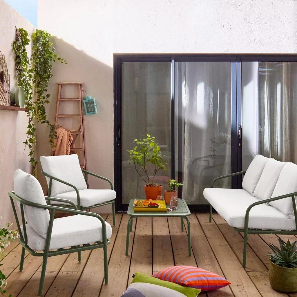 Salon de jardin 5 places acier moderne Messina coussins déhoussables